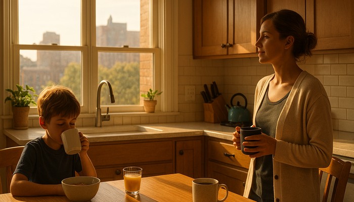 Calm morning in a Cincinnati kitchen with a parent and child enjoying breakfast sunlight