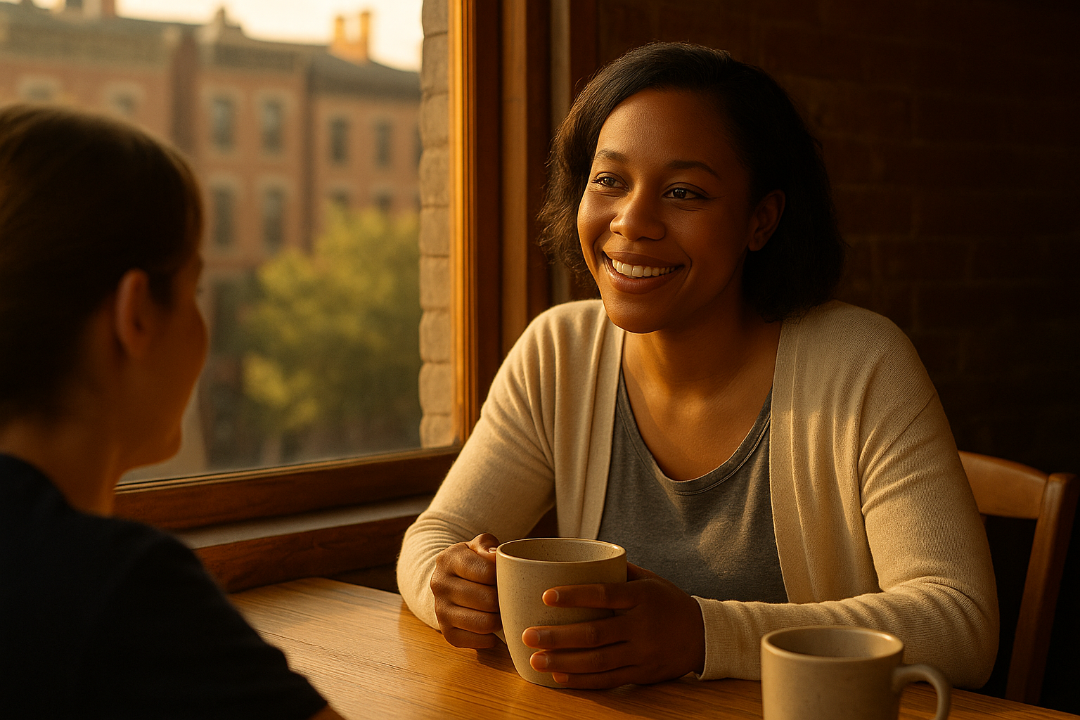 Person having an honest conversation with a friend at a Cincinnati café, symbolizing emotional openness and connection