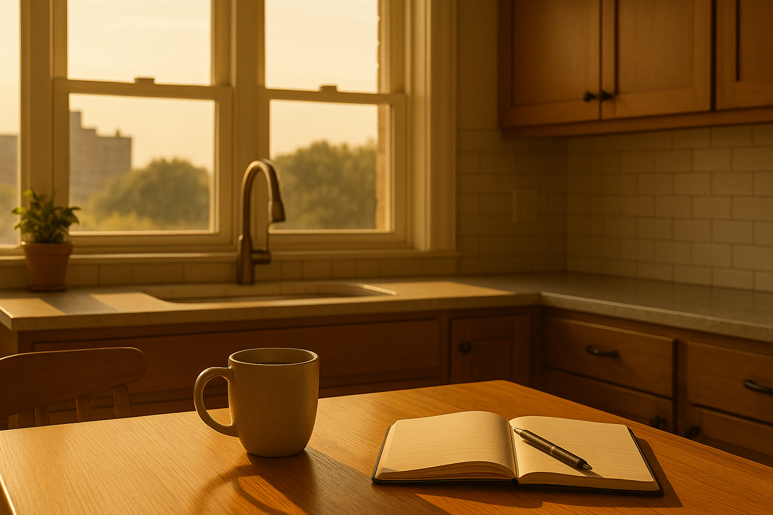 Cozy Cincinnati kitchen at sunrise with coffee mug and journal on table, representing a calm 5-minute morning routine