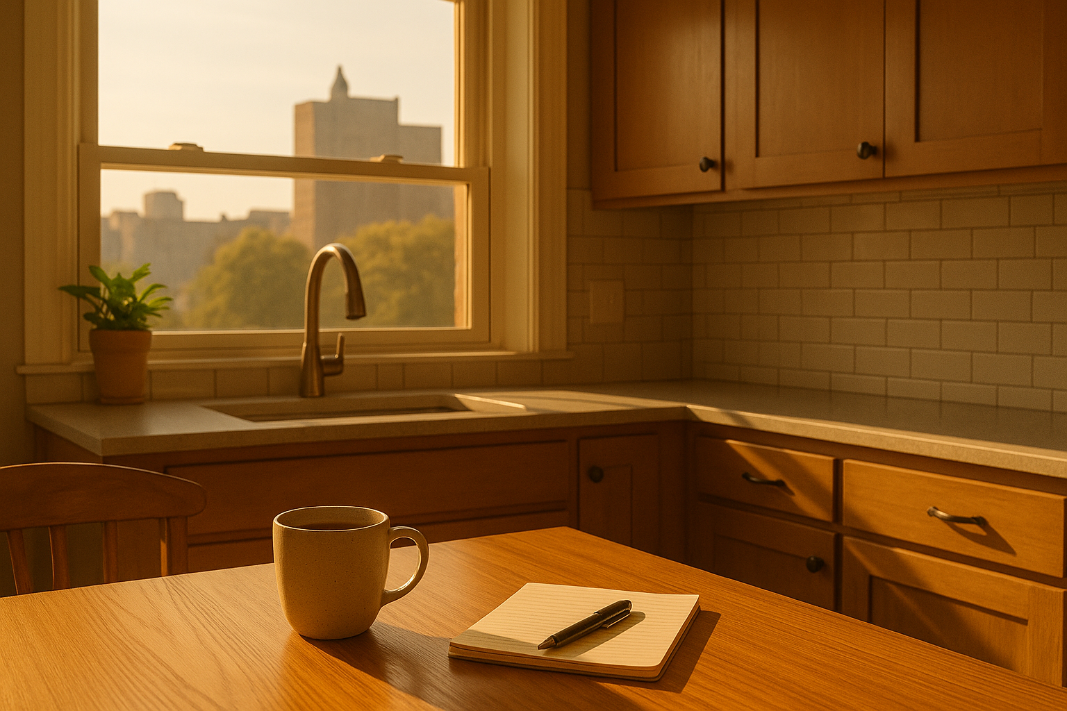 Peaceful Cincinnati kitchen at sunrise with coffee mug and notepad symbolizing calm morning routine