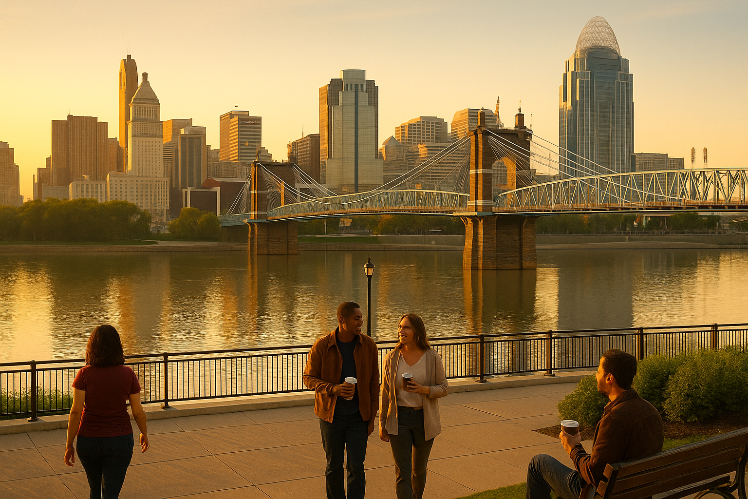 Cincinnati skyline at sunrise with the Roebling Bridge and Ohio River, people walking and drinking coffee along the riverfront, representing the city’s vibrant morning lifestyle