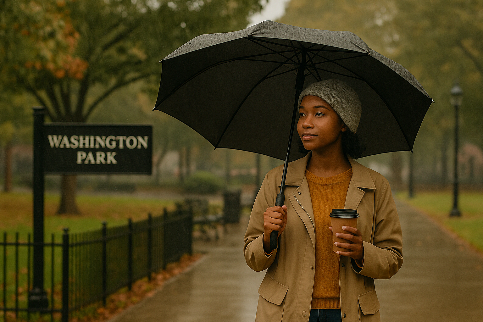 Person walking through rainy Washington Park in Cincinnati, symbolizing calm and acceptance when plans fall apart