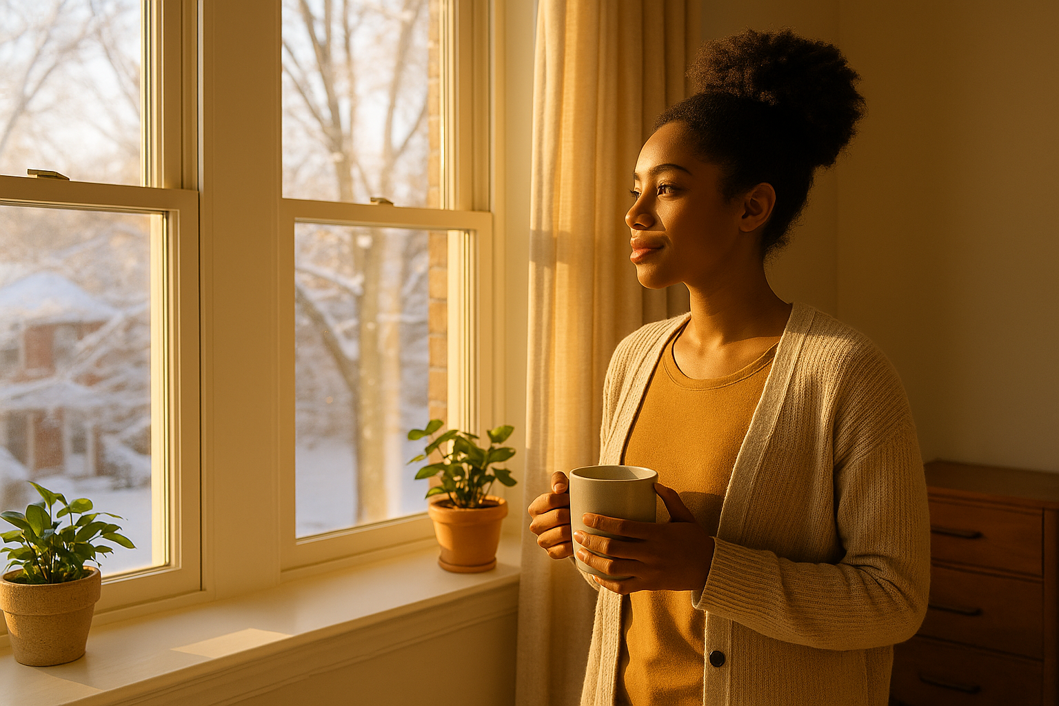 Person standing by a sunny window in a Cincinnati home during winter, holding a mug and practicing self-care