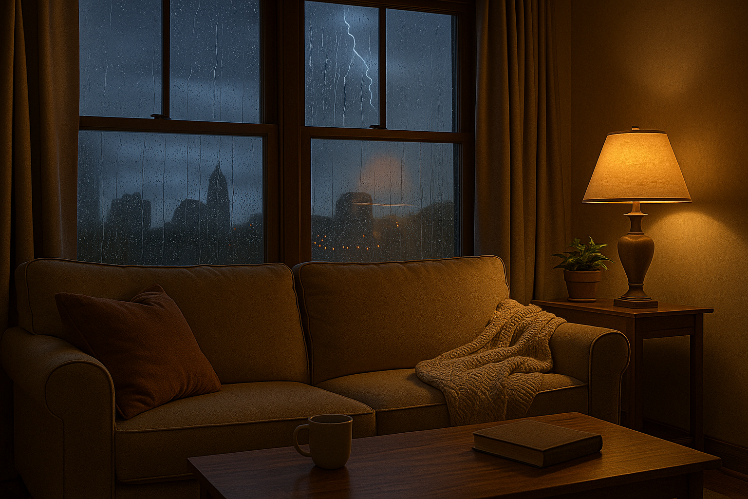 Cozy Cincinnati living room with soft lamplight and rain on the window during a thunderstorm, creating a warm and peaceful atmosphere