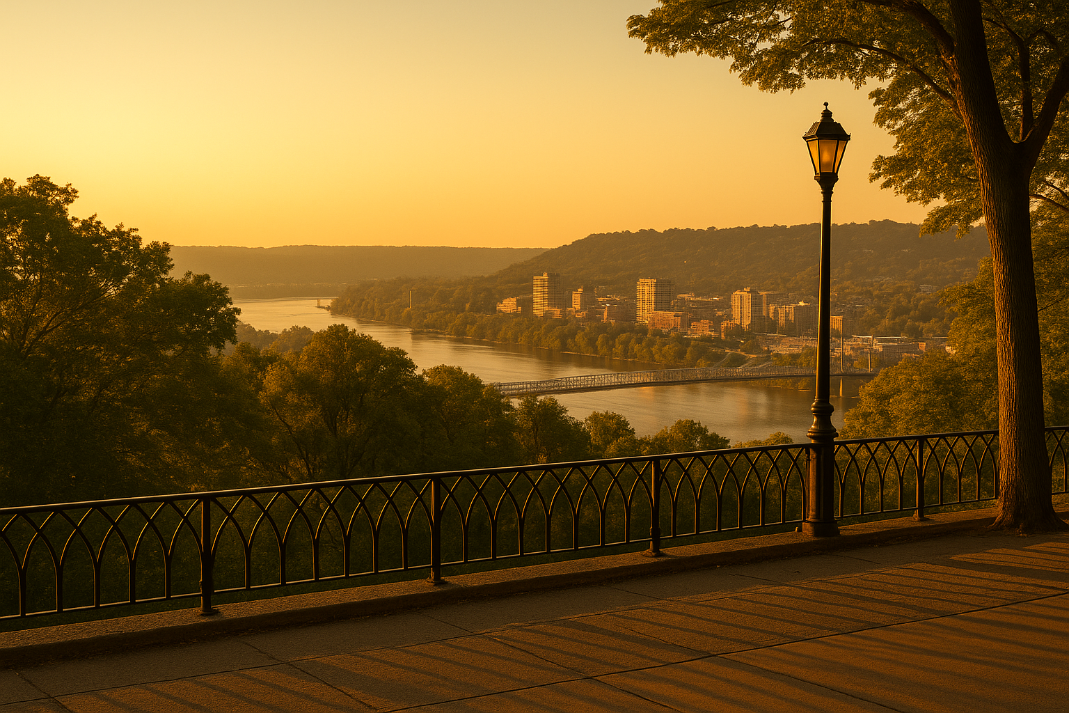 Calm golden-hour view from Eden Park overlooking the Ohio River in Cincinnati