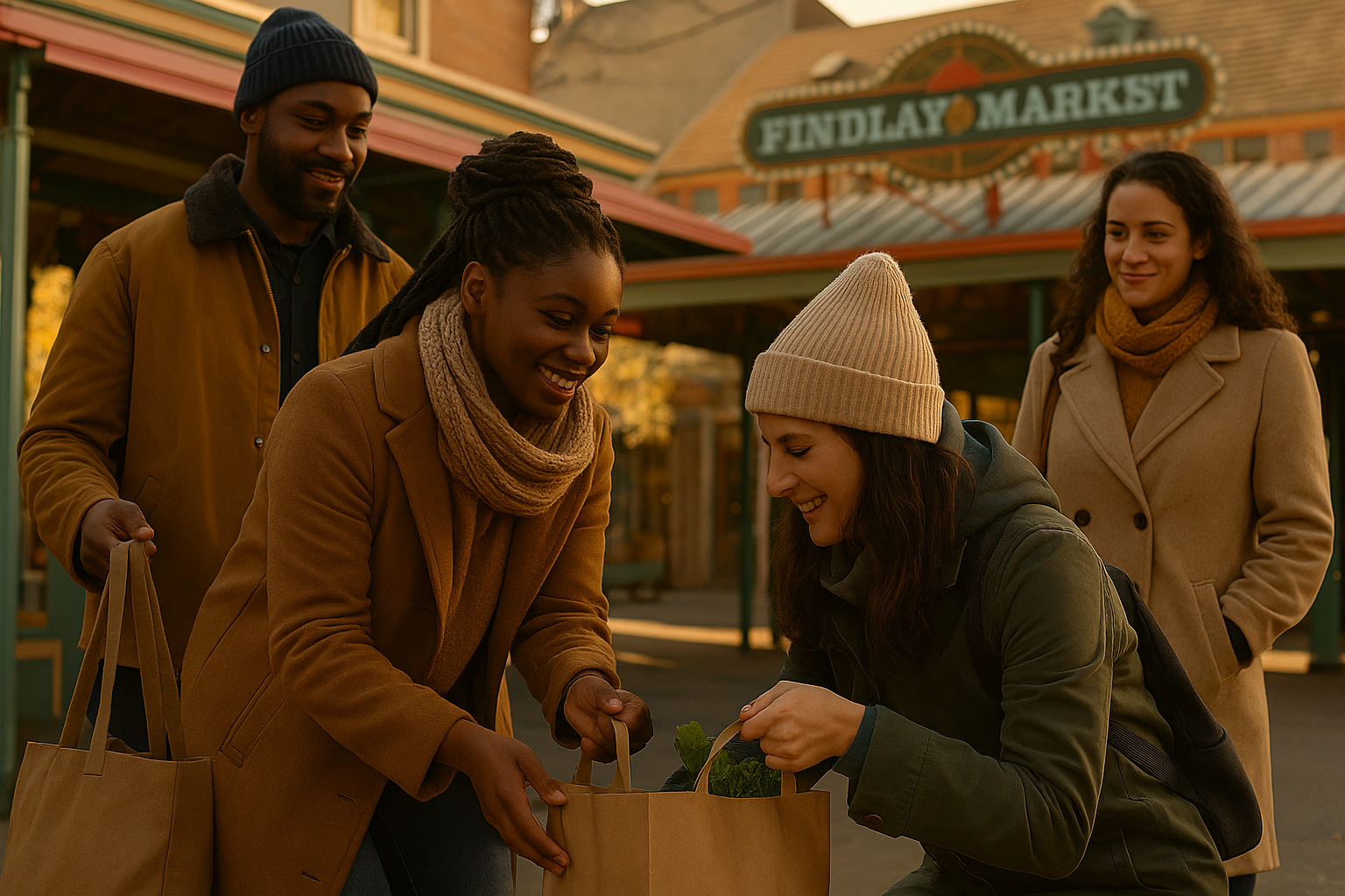 A person helping another pick up groceries at Findlay Market in Cincinnati, showing kindness and connection