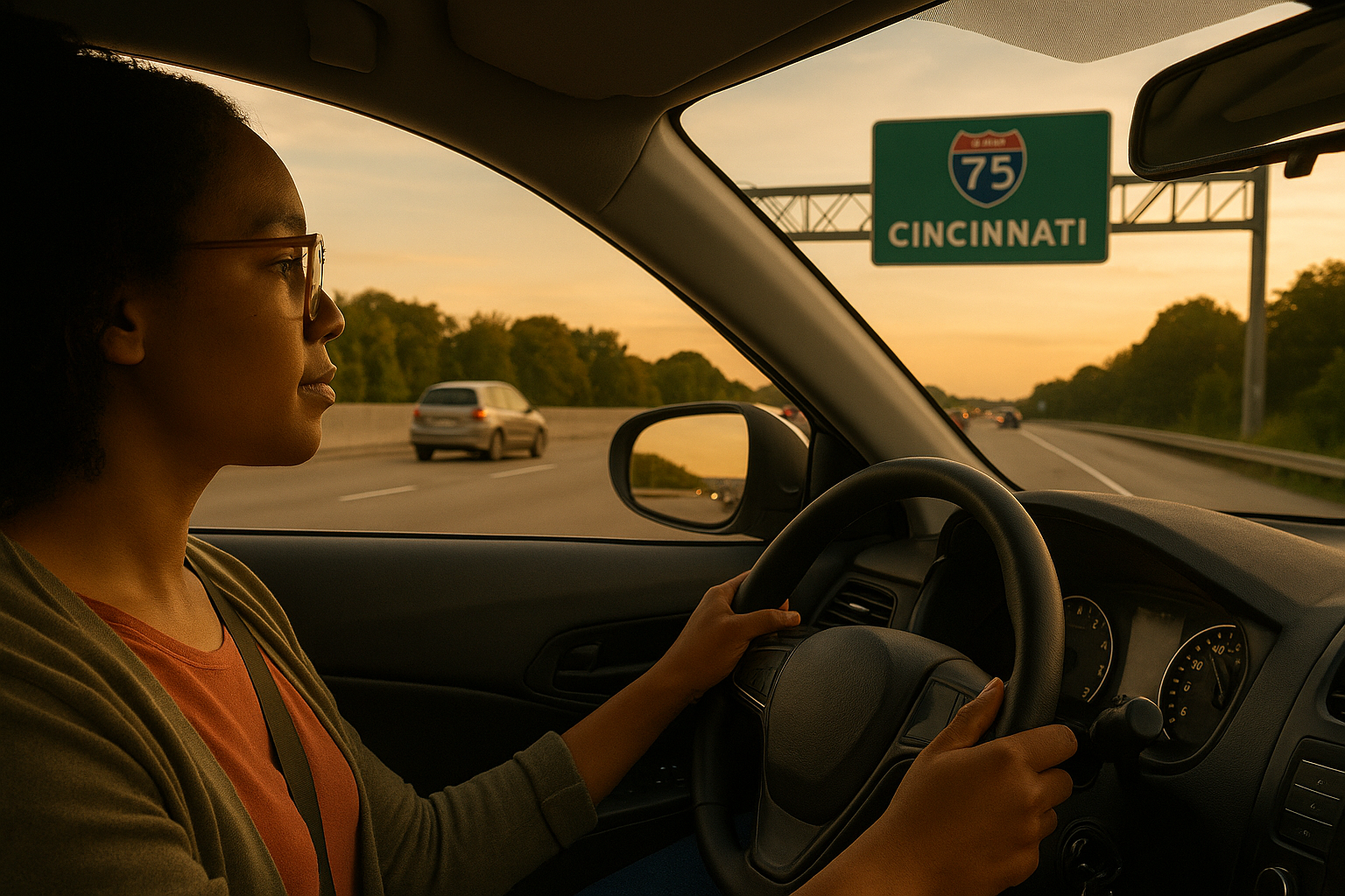 Driver on I-75 near Cincinnati during golden hour, reflecting calmly after missing an exit