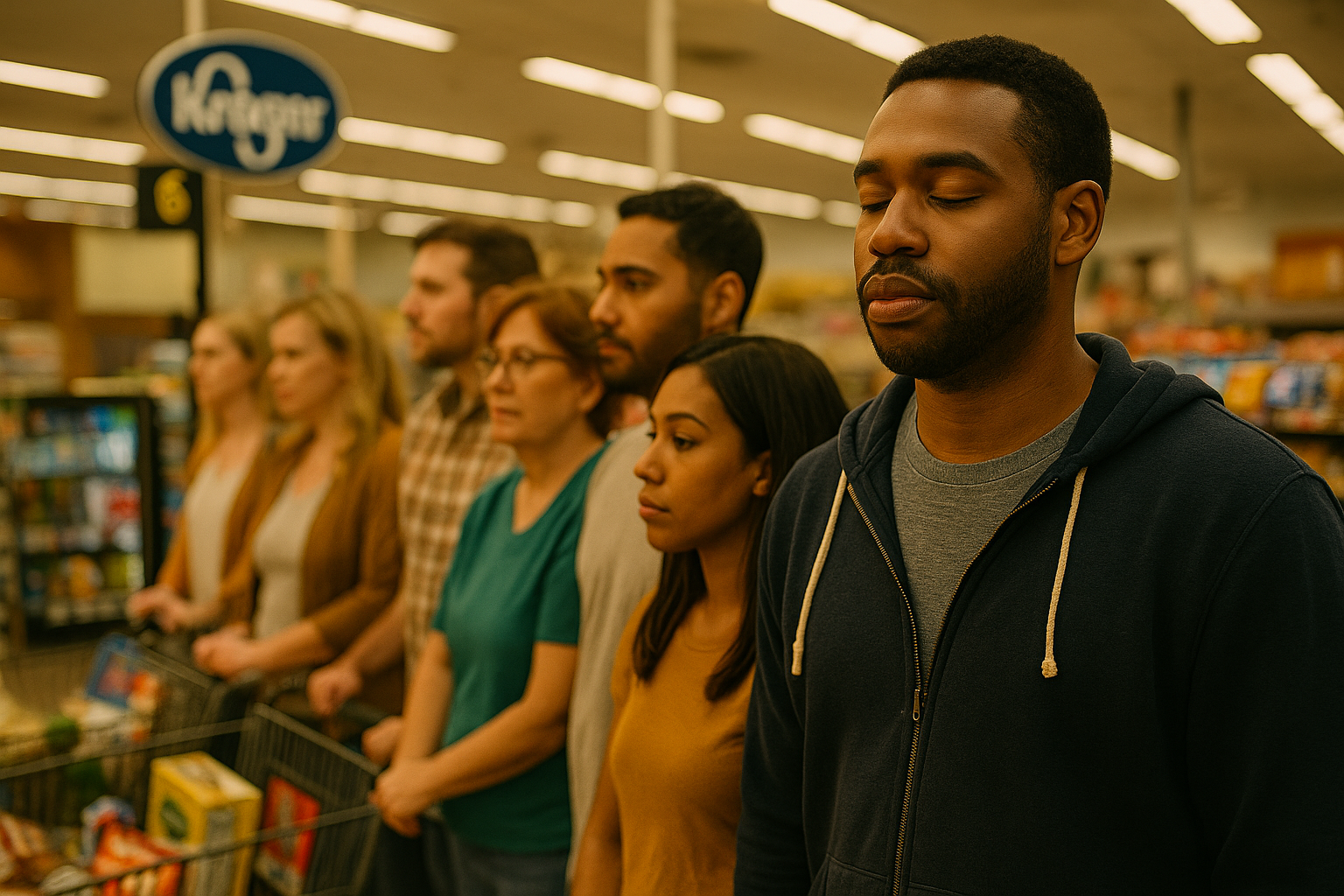 Shopper taking a deep breath while waiting in a Kroger checkout line in Cincinnati, symbolizing patience and mindfulness