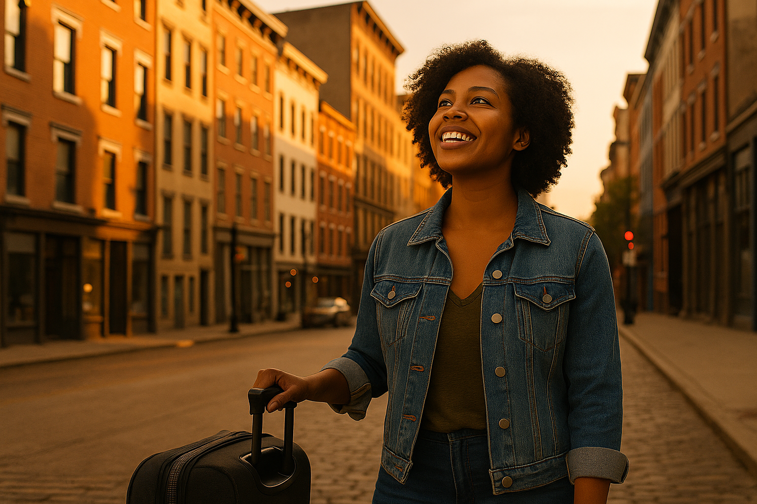 Person standing on a Cincinnati street with suitcase, smiling while returning home and reflecting on lessons learned