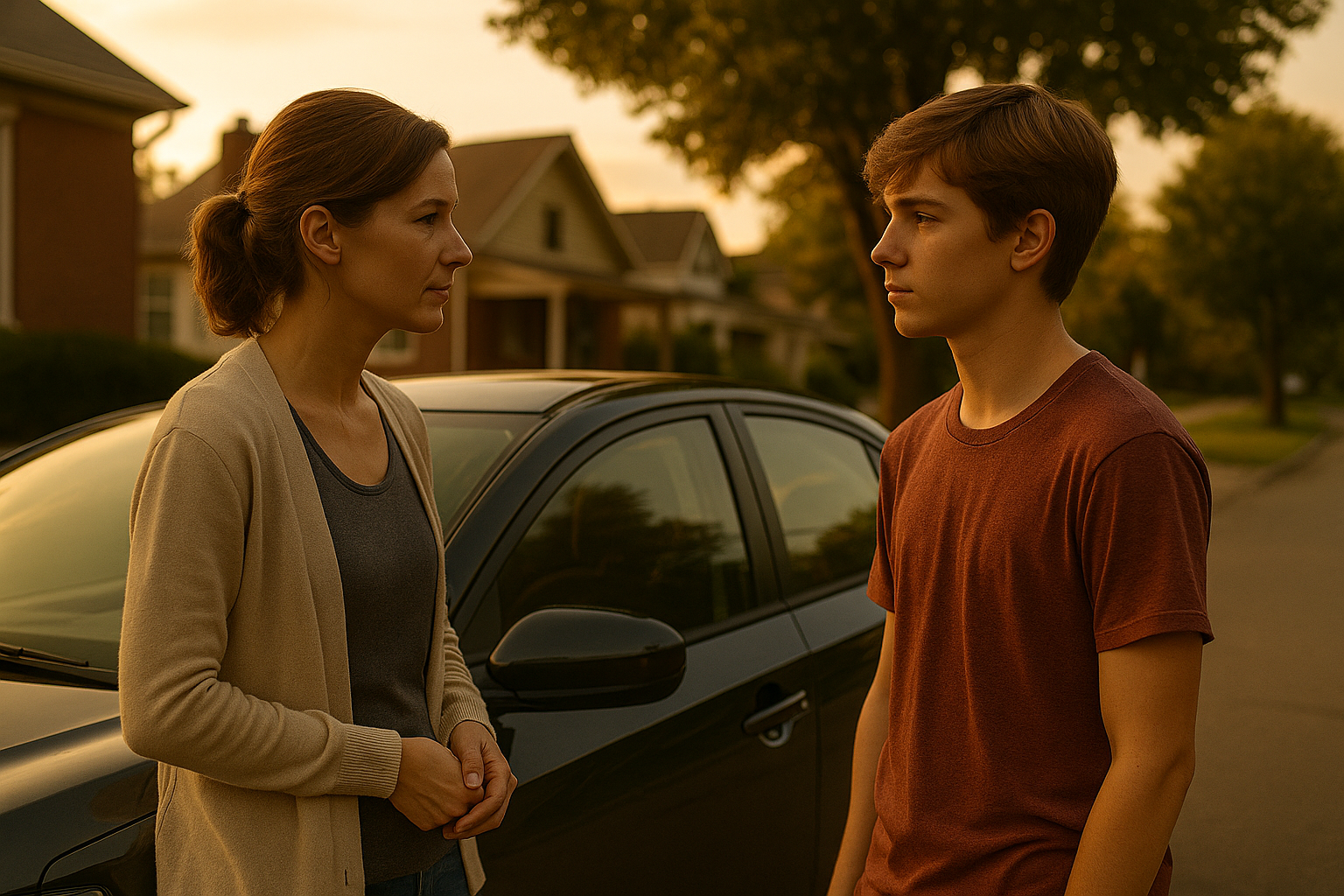 Parent and teenager talking calmly in a Cincinnati driveway at sunset, symbolizing honesty and trust