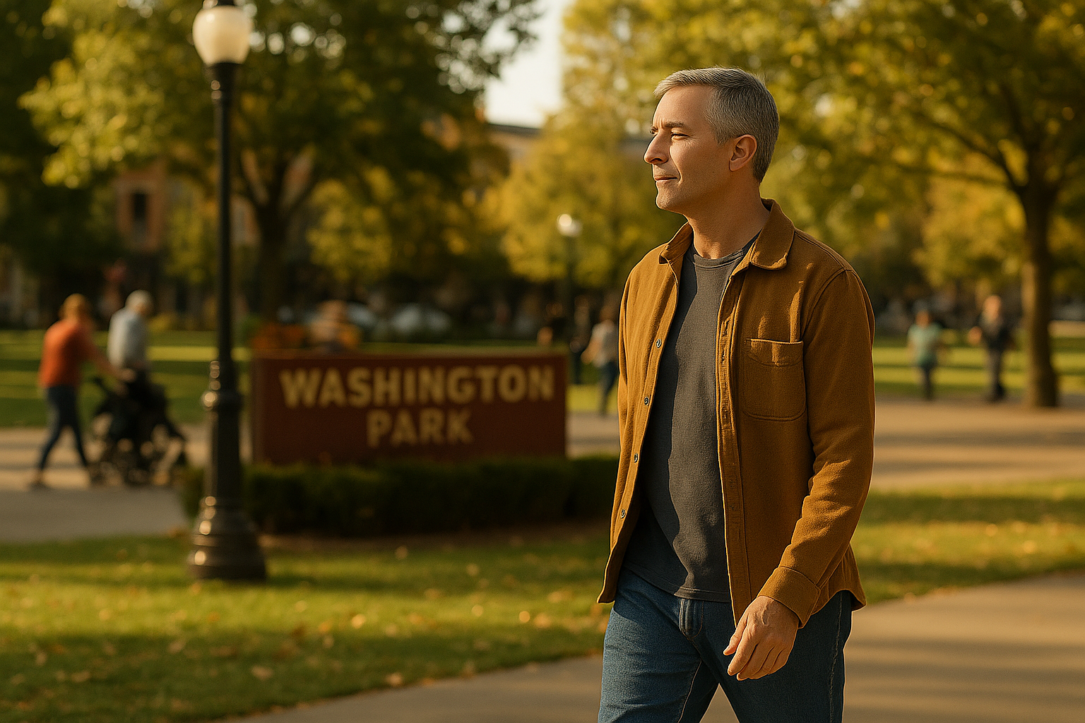 Person walking slowly through Washington Park in Cincinnati, symbolizing mindful productivity and balance