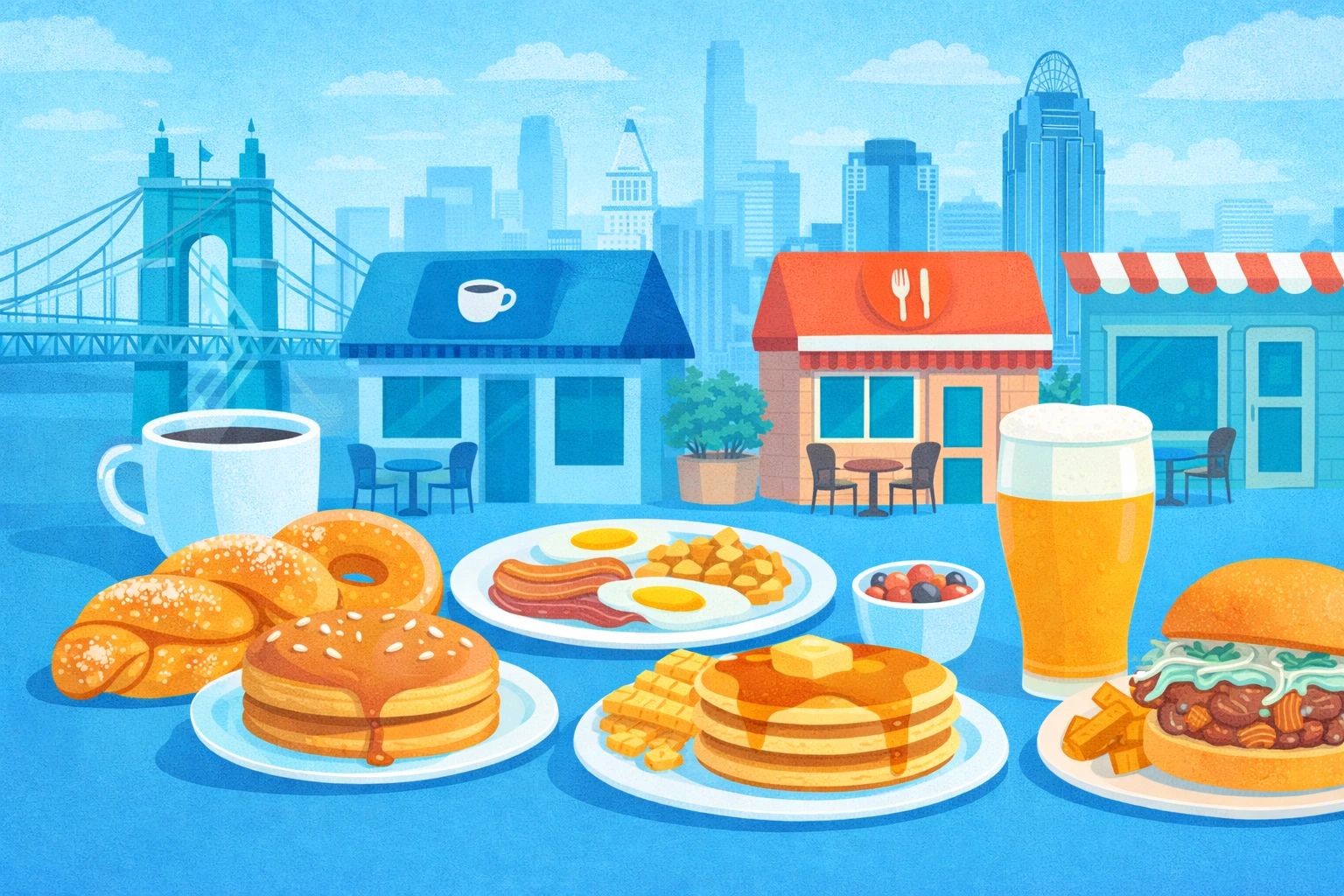 illustration of Cincinnati food and drink including coffee, pastries, brunch plates, and local dining spots